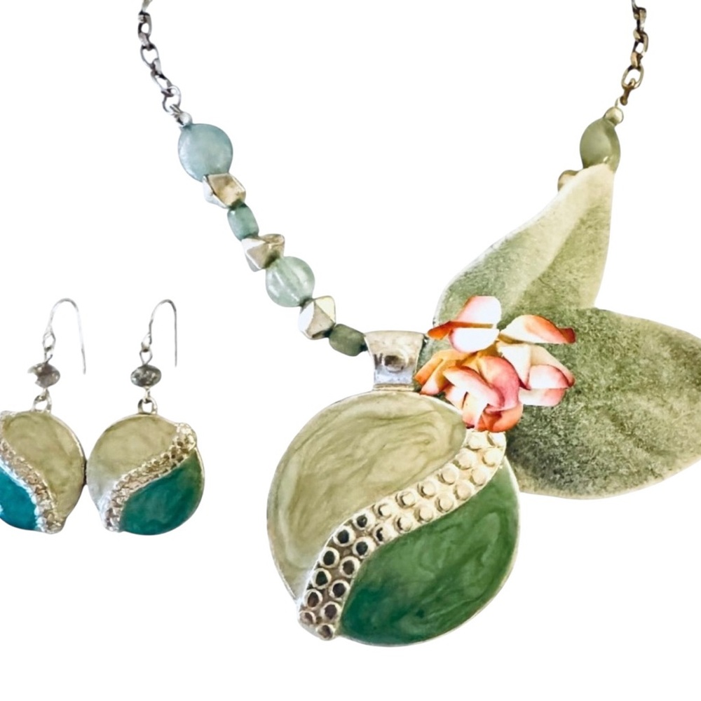 Aqua & Sage Enamel Pendant Necklace and Earring Set with Silver Textured Accents